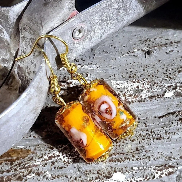 Orange Murano Lampwork Glass Flower Inside Vintage Beads Round Tube Earrings - Picture 4 of 11